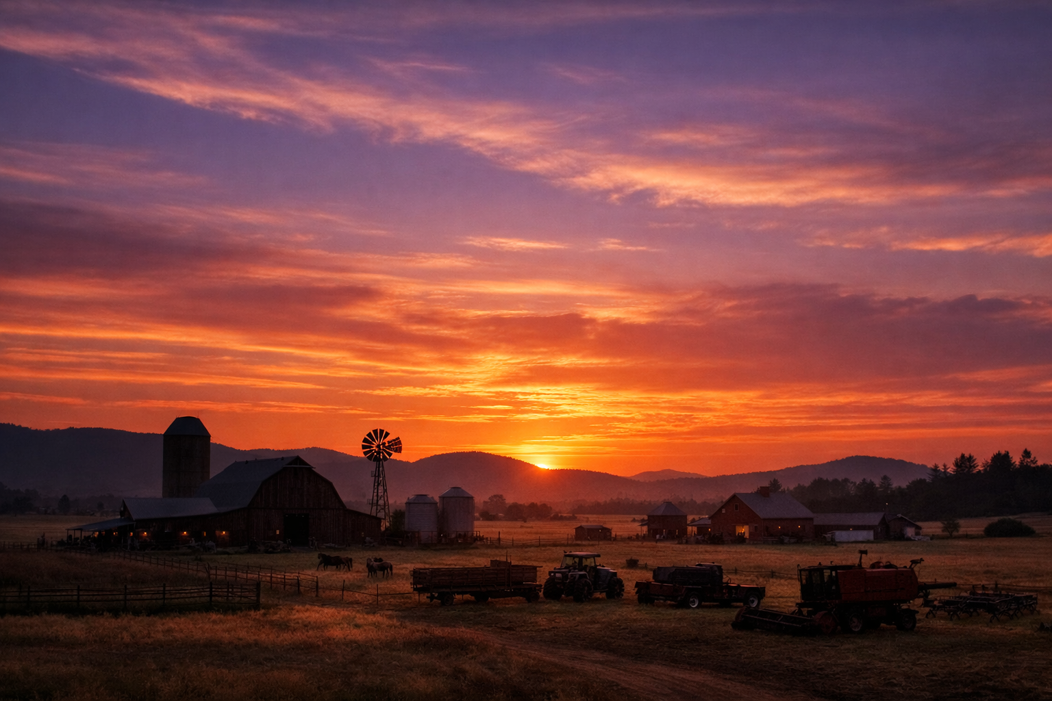 Wide sunset view of farm landscape