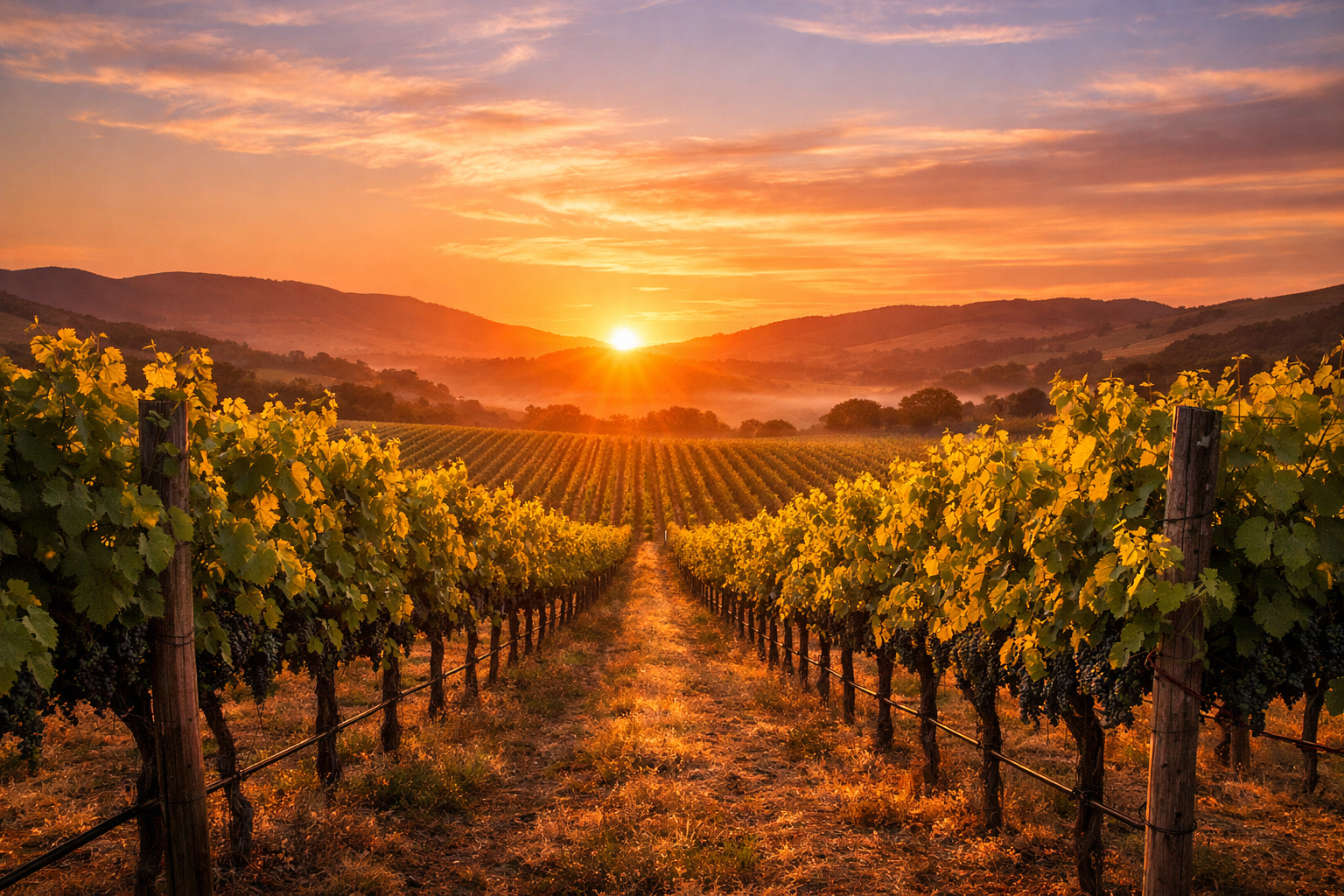 Vineyard at sunset in California